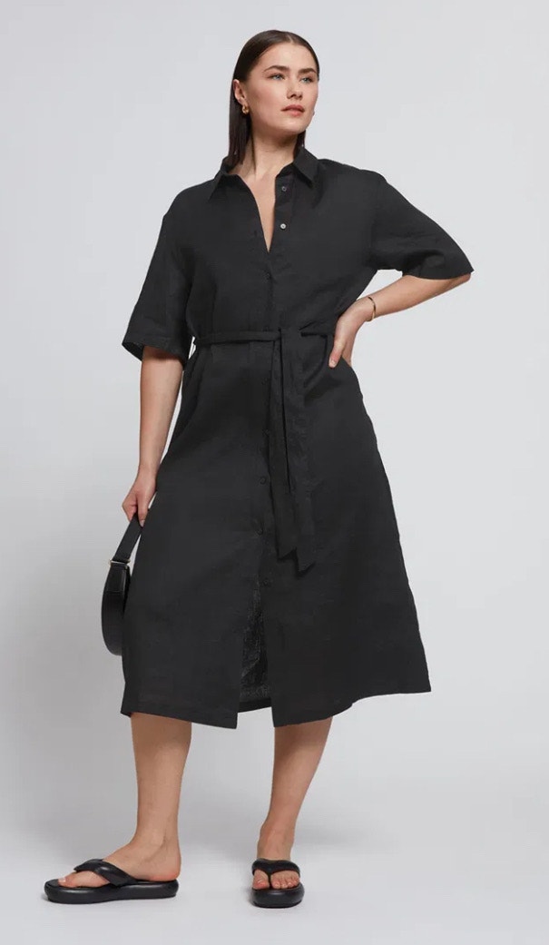 & Others Stories Belted Linen Midi Shirt Dress Minimalist Casual Wardrobe Sz L
